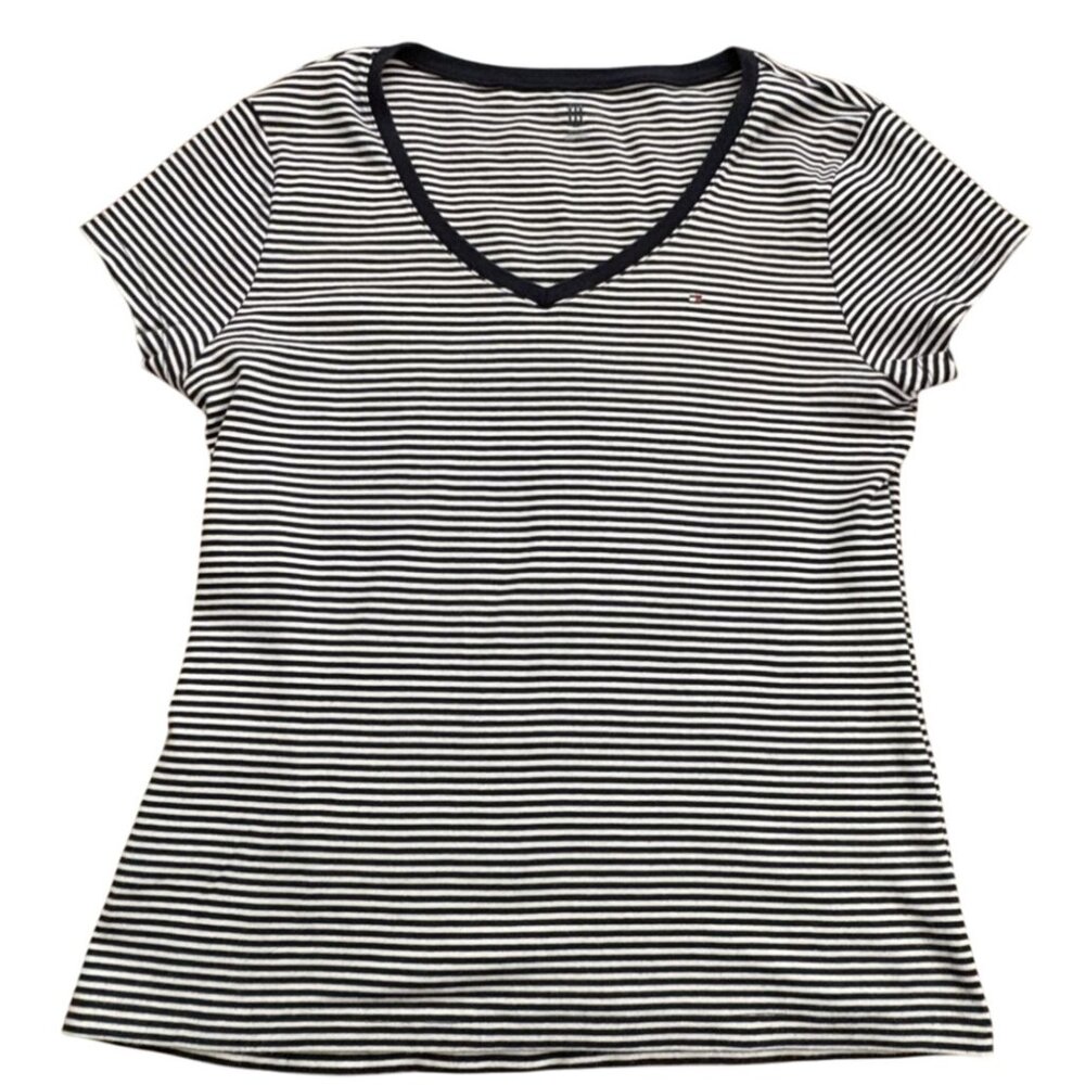 Tommy Hilfiger Womens Striped V-Neck T-Shirt-Soft-Blue/White-Size XL-GUC